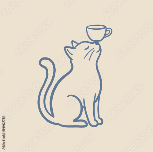 A domestic cat sits upright with its eyes closed, balancing a tiny teacup perfectly on its nose.