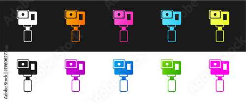 Set Action extreme camera icon isolated on black and white background. Video camera equipment for filming extreme sports. Vector