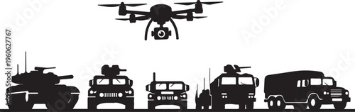 Military vehicles, drone, and tank silhouettes, black icons, transportation set, vector graphics