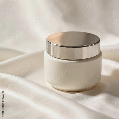 A minimalist white cosmetic tube with a silver cap is placed on a stack of soft beige silk fabric against a gray background.