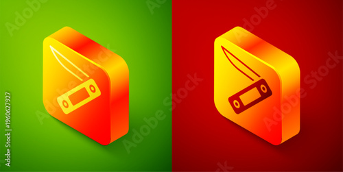 Isometric Swiss army knife icon isolated on green and red background. Multi-tool, multipurpose penknife. Multifunctional tool. Square button. Vector