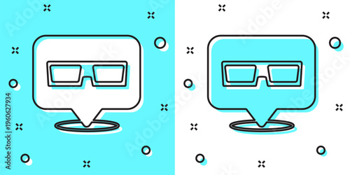 Black line 3D cinema glasses icon isolated on green and white background. Random dynamic shapes. Vector