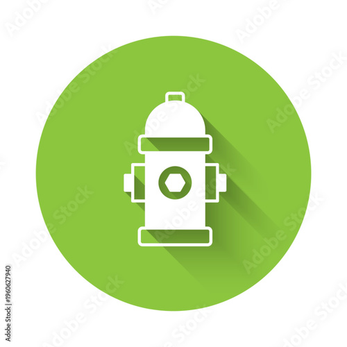 White Fire hydrant icon isolated with long shadow background. Green circle button. Vector