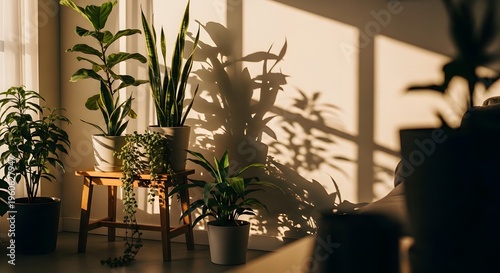 A modern interior design features a potted plant on a table near a window, blending the decor of a cozy cafe with the elegant architecture of a luxury hotel room