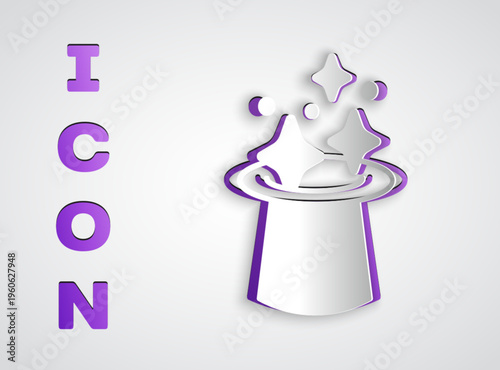 Paper cut Magic hat icon isolated on grey background. Magic trick. Mystery entertainment concept. Paper art style. Vector