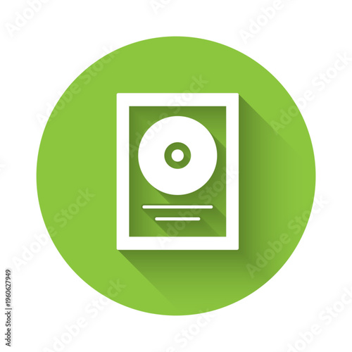 White CD disk award in frame icon isolated with long shadow background. Modern ceremony. Best seller. Musical trophy. Green circle button. Vector