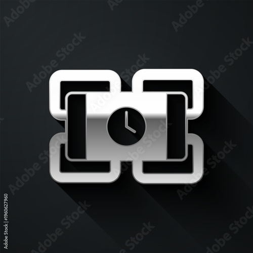 Silver Detonate dynamite bomb stick and timer clock icon isolated on black background. Time bomb - explosion danger concept. Long shadow style. Vector