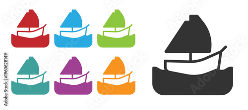 Black Yacht sailboat or sailing ship icon isolated on white background. Sail boat marine cruise travel. Set icons colorful. Vector