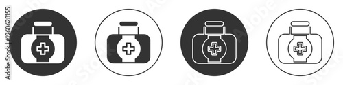 Black First aid kit icon isolated on white background. Medical box with cross. Medical equipment for emergency. Healthcare concept. Circle button. Vector