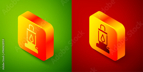 Isometric Camping lantern icon isolated on green and red background. Square button. Vector