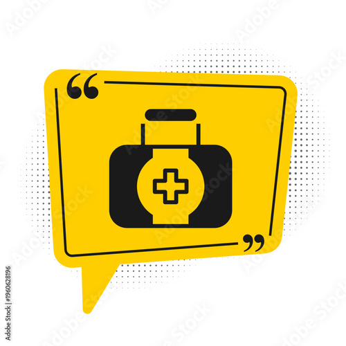 Black First aid kit icon isolated on white background. Medical box with cross. Medical equipment for emergency. Healthcare concept. Yellow speech bubble symbol. Vector
