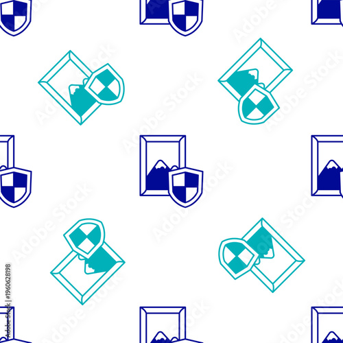 Blue Auction painting icon isolated seamless pattern on white background. Auction bidding. Sale and buyers. Vector