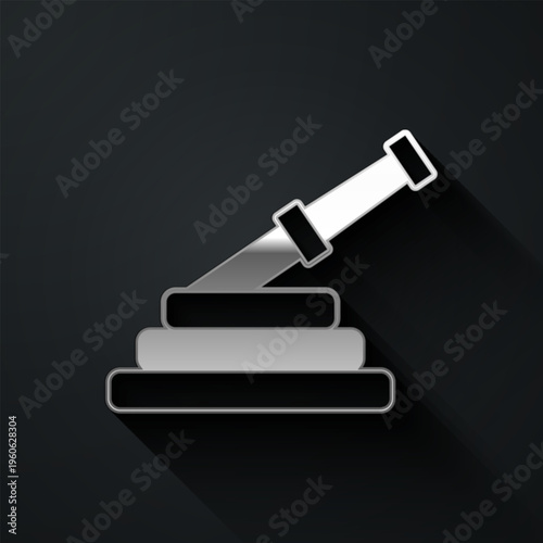 Silver Fire hose reel icon isolated on black background. Long shadow style. Vector
