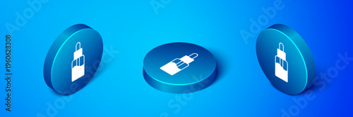Isometric Vape liquid bottle for electronic cigarettes icon isolated on blue background. Blue circle button. Vector