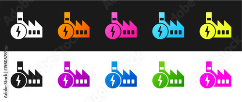 Set Nuclear power plant icon isolated on black and white background. Energy industrial concept. Vector