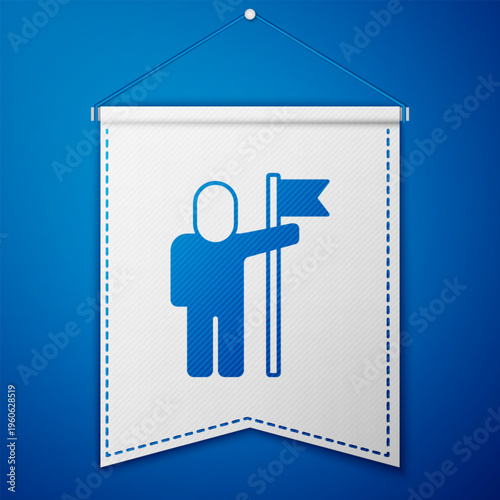 Blue Man holding flag icon isolated on blue background. Victory, winning and conquer adversity concept. White pennant template. Vector