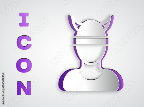 Paper cut Viking head icon isolated on grey background. Paper art style. Vector