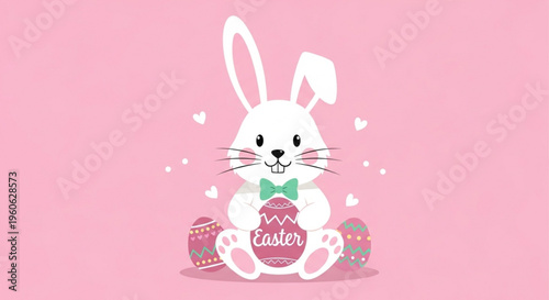 Cute Easter Bunny Illustration with Colorful Decorated Eggs and Flowers