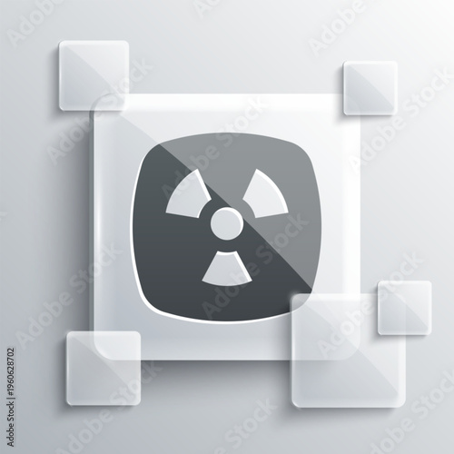 Grey Radioactive icon isolated on grey background. Radioactive toxic symbol. Radiation hazard sign. Square glass panels. Vector