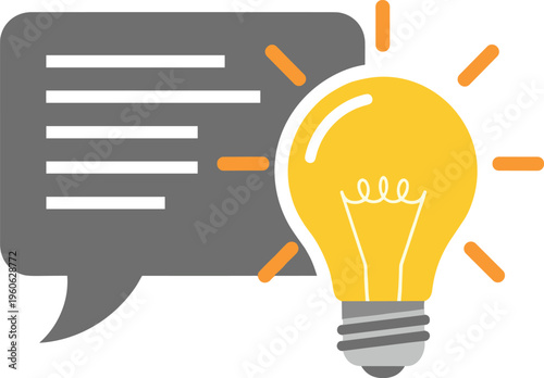 Speech bubble icon, light bulb idea, creative communication, innovation concept, brainstorming symbol, sharing thoughts, problem solving design