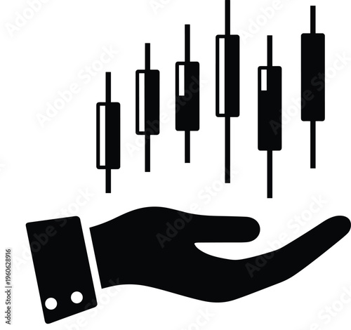 Hand holding candlestick chart, financial trading icon, stock market symbol, investment management, economic analysis, forex trading design