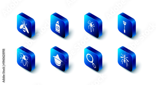 Set Spray against insects, Spider, Fly swatter, Mosquito, Magnifying glass, Beekeeper hat, Cockroach and icon. Vector