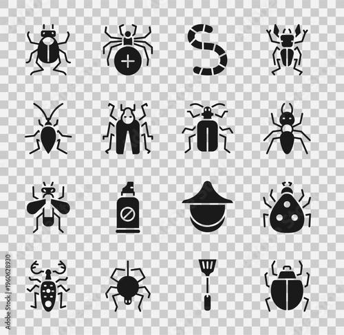 Set Mite, Ladybug, Ant, Worm, Beetle, Cockroach, and Chafer beetle icon. Vector