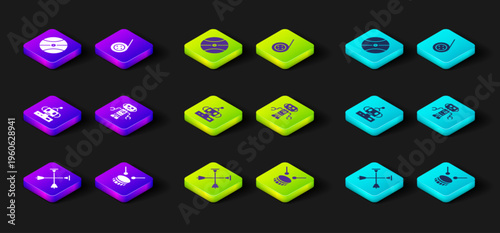 Set Arrow with sucker tip, Drum drum sticks, Robot toy, Yoyo and Basketball ball icon. Vector