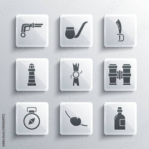 Set Pirate eye patch, Alcohol drink Rum, Binoculars, Decree, parchment, scroll, Compass, Lighthouse, Vintage pistols and sword icon. Vector