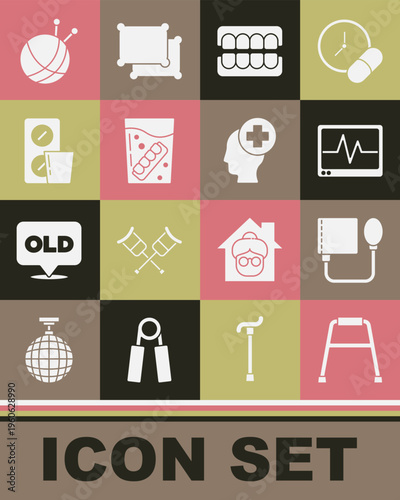 Set Walker, Blood pressure, Monitor with cardiogram, False jaw, in glass, Pills blister pack, Yarn ball knitting needles and Male head hospital icon. Vector
