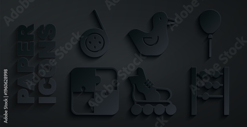 Set Roller skate, Balloons with ribbon, Puzzle pieces toy, Abacus, Rubber duck and Yoyo icon. Vector