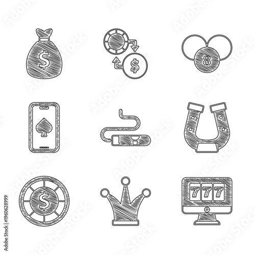 Set Cigar, Joker playing card, Online slot machine with jackpot, Horseshoe, Casino chips, poker table game, Lottery ball on bingo and Money bag icon. Vector