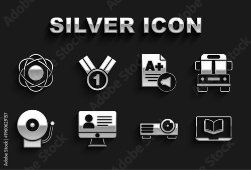Set Online class, School Bus, Movie, film, media projector, Ringing alarm bell, Exam sheet with A plus grade, Atom and Medal icon. Vector
