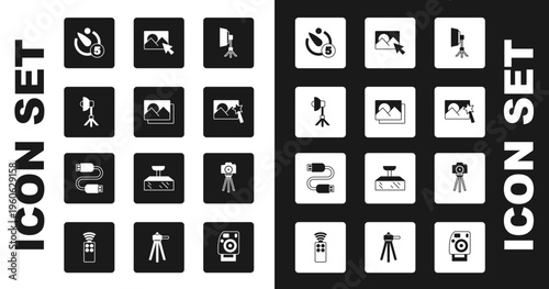 Set Softbox light, Photo frame, Camera timer, retouching, camera and USB cable cord icon. Vector
