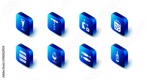 Set Wine corkscrew, Beer tap with glass, Pickled cucumbers jar, Glass bottle of vodka, Dried fish, Cocktail, Wooden barrel and champagne icon. Vector