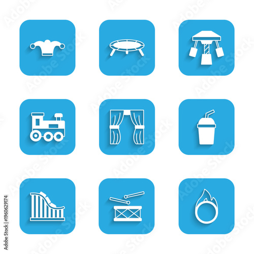 Set Circus curtain raises, Drum with drum sticks, fire hoop, Paper glass water, Roller coaster, Toy train, Attraction carousel and Jester hat bells icon. Vector