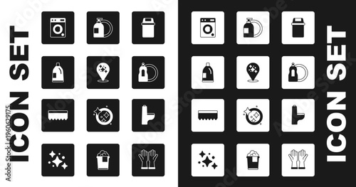 Set Trash can, Home cleaning service, Bottle for agent, Washer, Dishwashing liquid bottle, Toilet bowl and Sponge icon. Vector