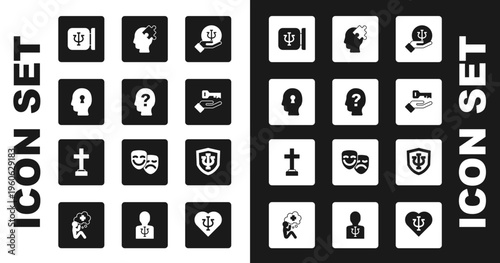 Set Psychology, Psi, Head with question mark, Solution to the problem, and Graves funeral sorrow icon. Vector