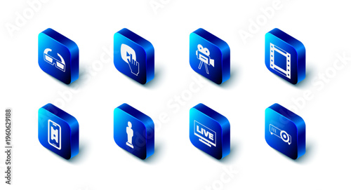 Set Online play video, Retro cinema camera, Play, Movie, film, media projector, Live stream, trophy, Buy ticket online and 3D glasses icon. Vector