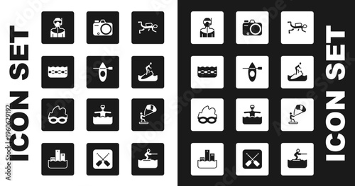 Set Scuba diver, Kayak and paddle, Swimming pool, Wetsuit for scuba diving, Surfboard, Photo camera, Kitesurfing and Glasses swimming icon. Vector