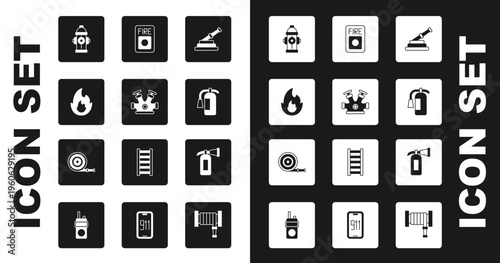 Set Fire hose reel, hydrant, flame, extinguisher, alarm system, and icon. Vector