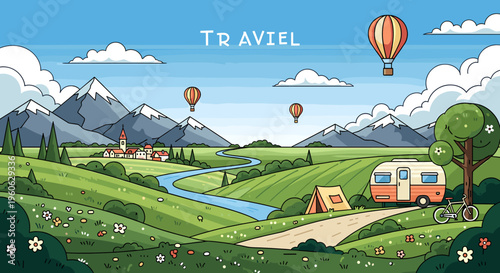 Vibrant cartoon landscape with majestic mountains, a winding river, a charming village, lush green fields, hot air balloons, a camper van, a tent, and a bicycle, depicting a serene travel adventure.