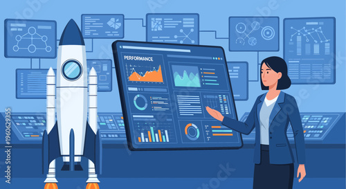 Woman Analyzing Rocket Launch Data on Futuristic Dashboard.