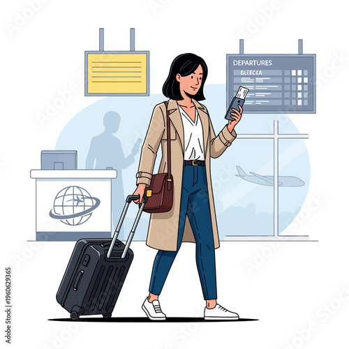Woman with luggage at airport, checking boarding pass for departure