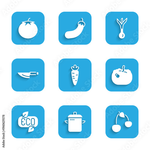Set Carrot, Cooking pot, Cherry, Pumpkin, Leaf Eco symbol, Knife, Onion and Tomato icon. Vector