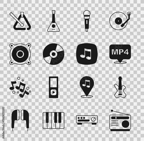 Set Radio, Electric bass guitar, MP4 file document, Microphone, Vinyl disk, Stereo speaker, Triangle musical instrument and Music note, tone icon. Vector