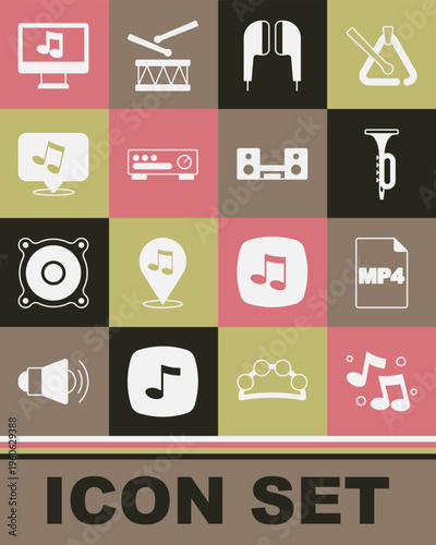 Set Music note, tone, MP4 file document, Trumpet, Air headphones, Sound mixer controller, Computer with music and Home stereo two speakers icon. Vector