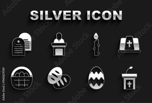 Set Christian bread, Pope hat, Church sermon tribune, Easter egg, Basket with easter eggs, Burning candle, Holy bible book and pastor preaching icon. Vector