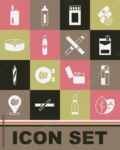 Set Tobacco leaf, Lighter, Cigarettes pack box, Matchbox and matches, Electronic cigarette, Ashtray, and icon. Vector