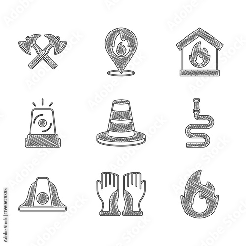 Set Traffic cone, Firefighter gloves, flame, hose reel, helmet, Flasher siren, in burning house and axe icon. Vector